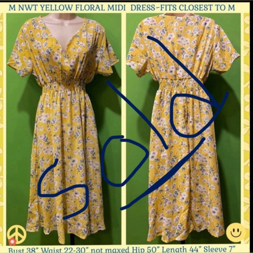CLASSIC M NWT YELLOW FLORAL MIDI  SUN DRESS~FITS CLOSEST TO M~NO SIZE TAG